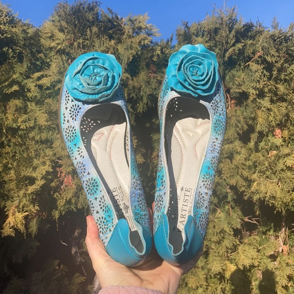 L’Artiste by Spring Step Carmelita Blue Leather Floral Pump Heel Women’s Size 41 - Picture 4 of 11